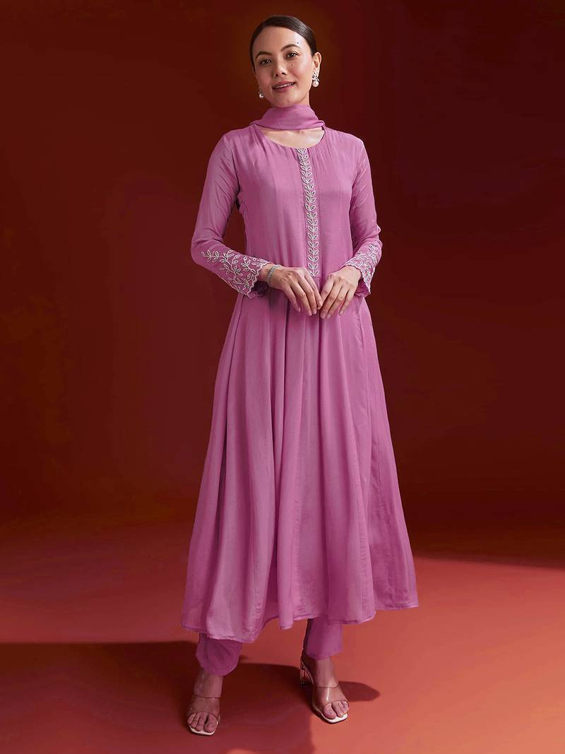 Pink Star Georgette Beads Embroidery Work Anarkali Kurta Pant Set with Dupatta