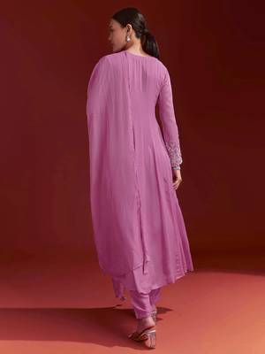 Pink Star Georgette Beads Embroidery Work Anarkali Kurta Pant Set with Dupatta 2