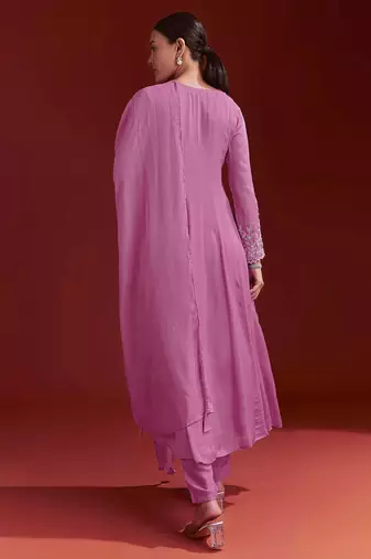Pink Star Georgette Beads Embroidery Work Anarkali Kurta Pant Set with Dupatta