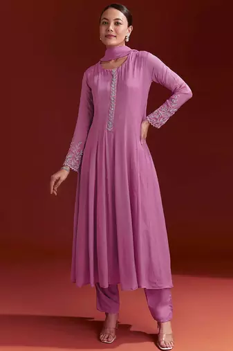Pink Star Georgette Beads Embroidery Work Anarkali Kurta Pant Set with Dupatta