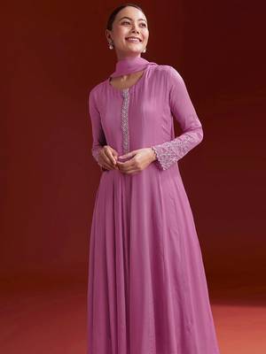 Pink Star Georgette Beads Embroidery Work Anarkali Kurta Pant Set with Dupatta 4