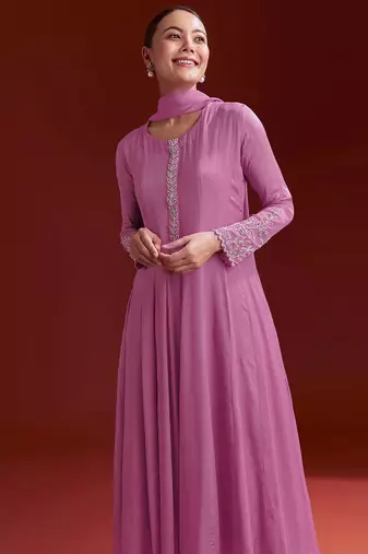 Pink Star Georgette Beads Embroidery Work Anarkali Kurta Pant Set with Dupatta