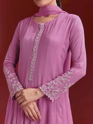 Pink Star Georgette Beads Embroidery Work Anarkali Kurta Pant Set with Dupatta 5