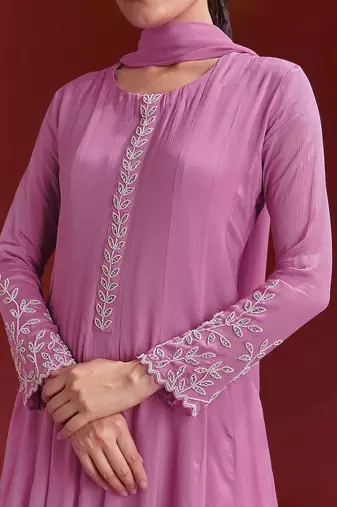 Pink Star Georgette Beads Embroidery Work Anarkali Kurta Pant Set with Dupatta