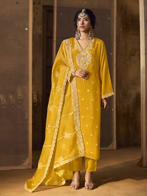 Yellow Art Silk Embroidery Sequence Work Kurta Pant Set with Dupatta 1