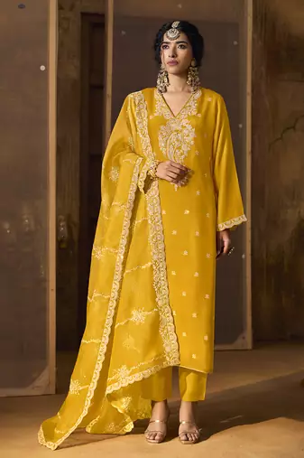 Yellow Art Silk Embroidery Sequence Work Kurta Pant Set with Dupatta
