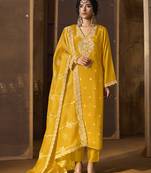 Yellow Art Silk Embroidery Sequence Work Kurta Pant Set with Dupatta