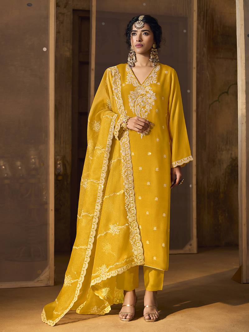 Yellow Art Silk Embroidery Sequence Work Kurta Pant Set with Dupatta