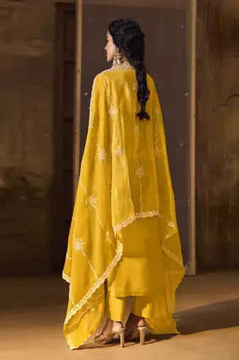 Yellow Art Silk Embroidery Sequence Work Kurta Pant Set with Dupatta