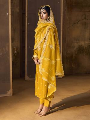 Yellow Art Silk Embroidery Sequence Work Kurta Pant Set with Dupatta 3