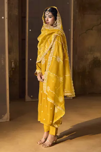Yellow Art Silk Embroidery Sequence Work Kurta Pant Set with Dupatta