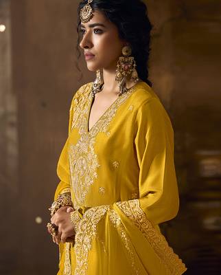 Yellow Art Silk Embroidery Sequence Work Kurta Pant Set with Dupatta 4
