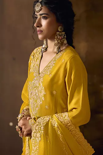 Yellow Art Silk Embroidery Sequence Work Kurta Pant Set with Dupatta