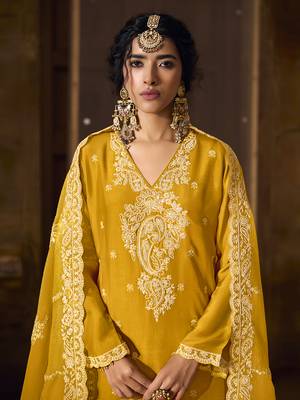 Yellow Art Silk Embroidery Sequence Work Kurta Pant Set with Dupatta 5