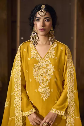 Yellow Art Silk Embroidery Sequence Work Kurta Pant Set with Dupatta