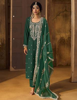Green Art Silk Embroidery Sequence Work Kurta Pant Set with Dupatta 1