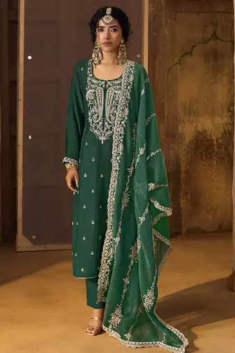 Green Art Silk Embroidery Sequence Work Kurta Pant Set with Dupatta