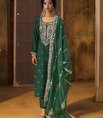 Green Art Silk Embroidery Sequence Work Kurta Pant Set with Dupatta