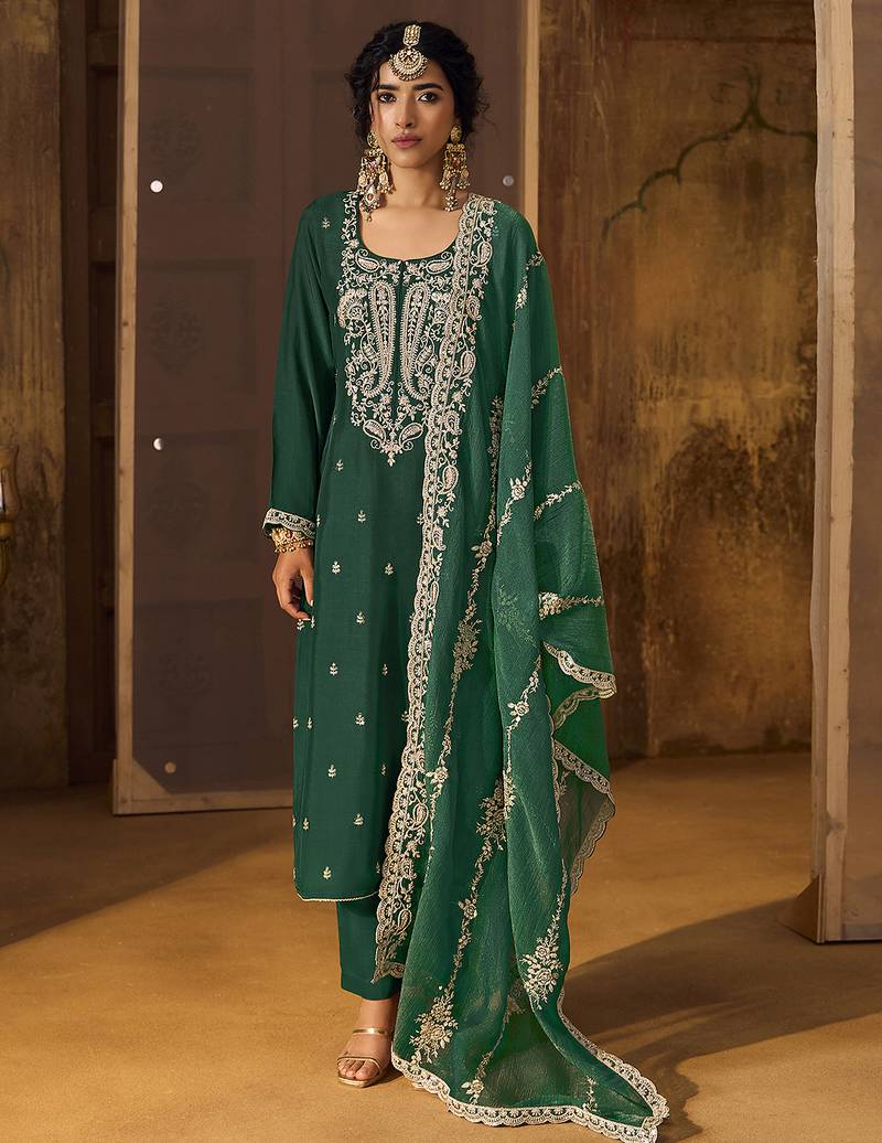 Green Art Silk Embroidery Sequence Work Kurta Pant Set with Dupatta