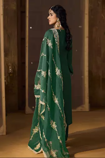 Green Art Silk Embroidery Sequence Work Kurta Pant Set with Dupatta