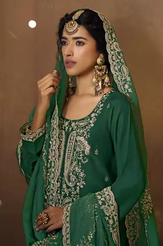 Green Art Silk Embroidery Sequence Work Kurta Pant Set with Dupatta