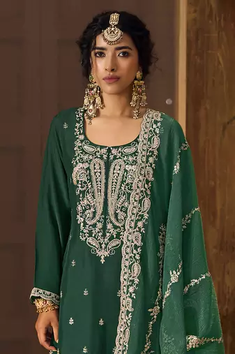 Green Art Silk Embroidery Sequence Work Kurta Pant Set with Dupatta