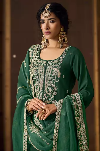 Green Art Silk Embroidery Sequence Work Kurta Pant Set with Dupatta