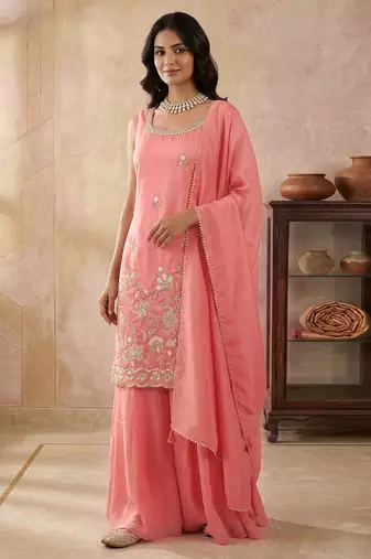 Peach Art Silk Beads Embroidery Sequence Work Kurta Palazzo Set with Dupatta