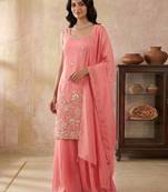 Peach Art Silk Beads Embroidery Sequence Work Kurta Palazzo Set with Dupatta