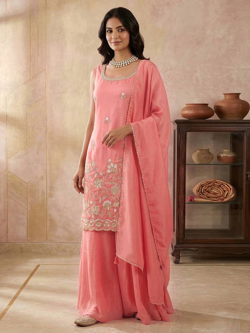 Peach Art Silk Beads Embroidery Sequence Work Kurta Palazzo Set with Dupatta