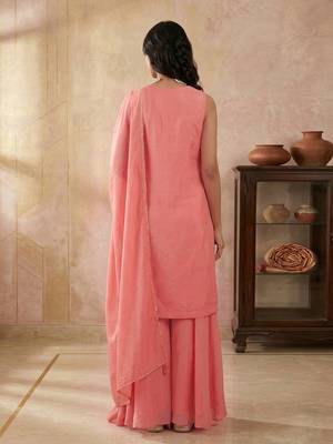 Peach Art Silk Beads Embroidery Sequence Work Kurta Palazzo Set with Dupatta 2