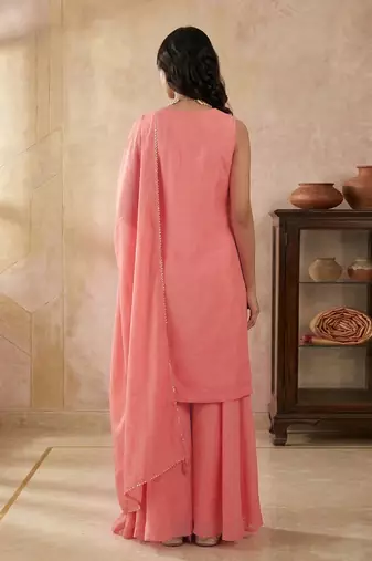 Peach Art Silk Beads Embroidery Sequence Work Kurta Palazzo Set with Dupatta