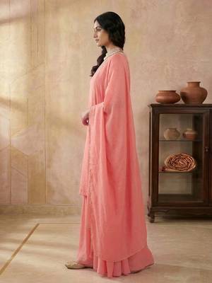 Peach Art Silk Beads Embroidery Sequence Work Kurta Palazzo Set with Dupatta 3