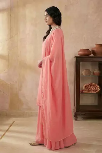 Peach Art Silk Beads Embroidery Sequence Work Kurta Palazzo Set with Dupatta