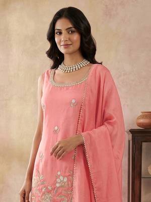 Peach Art Silk Beads Embroidery Sequence Work Kurta Palazzo Set with Dupatta 4