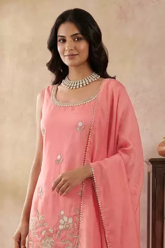 Peach Art Silk Beads Embroidery Sequence Work Kurta Palazzo Set with Dupatta