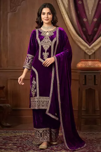 Purple Velvet Embroidery Sequence Work Kurta Pant with Dupatta for Women
