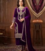 Purple Velvet Embroidery Sequence Work Kurta Pant with Dupatta for Women
