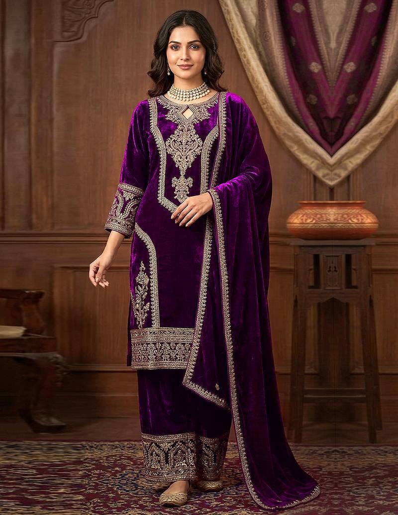 Purple Velvet Embroidery Sequence Work Kurta Pant with Dupatta for Women