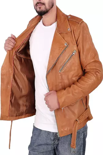 Qawach men pure genuine leather jacket lambskin winter vintage motorcycle biker bella brown