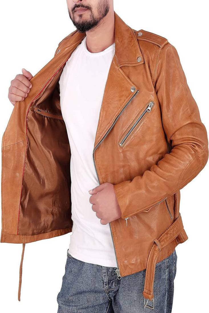 Qawach men pure genuine leather jacket lambskin winter vintage motorcycle biker bella brown