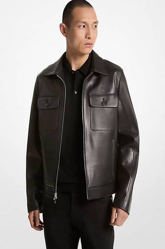 Men's genuine black  leather jacket classic zip up trucker biker style