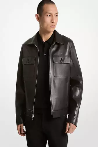 Men's genuine black  leather jacket classic zip up trucker biker style
