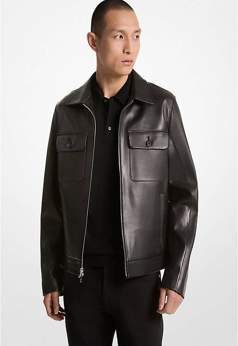 Men's genuine black  leather jacket classic zip up trucker biker style