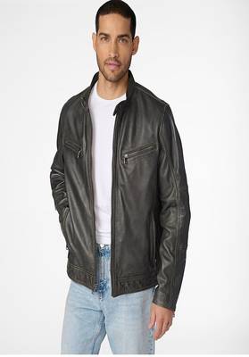 men's black lambskin cafe racer jacket band collar racer style 1