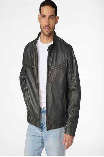 Men's genuine black leather biker jacket – classic cafe racer style
