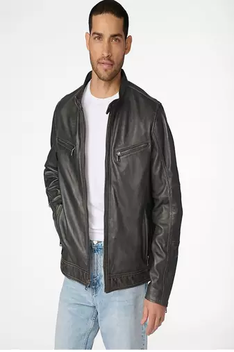 Men's genuine black leather biker jacket – classic cafe racer style