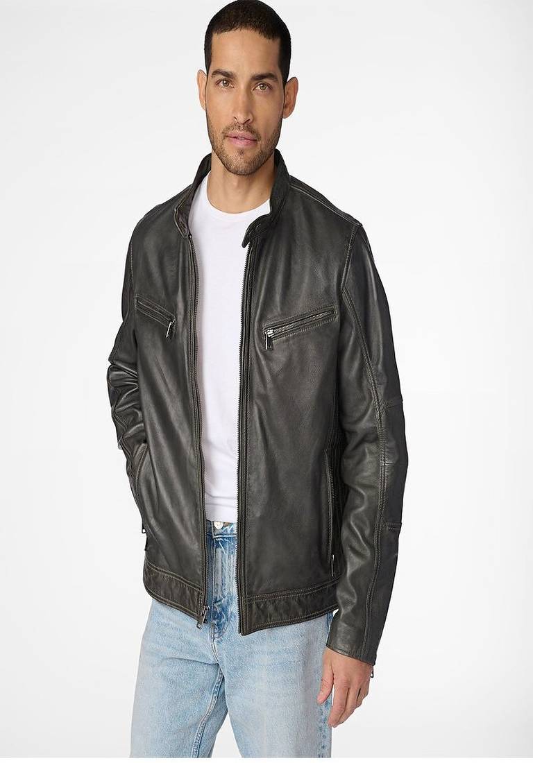 Men's genuine black leather biker jacket – classic cafe racer style