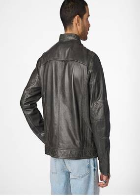 men's black lambskin cafe racer jacket band collar racer style 2