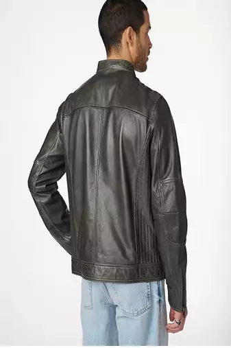 men's black lambskin cafe racer jacket band collar racer style